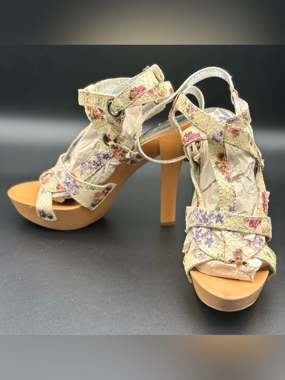 Guess by Marciano Floral Beige Platform Sandals with Wood-Look Heel